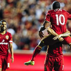 Real Salt Lake forward Joao Plata (10) jumps on Juan Manuel Martinez (7) in celebration during a U.S. Open Cup game at Rio Tinto Stadium in Sandy, Utah, Tuesday, June 14, 2016.