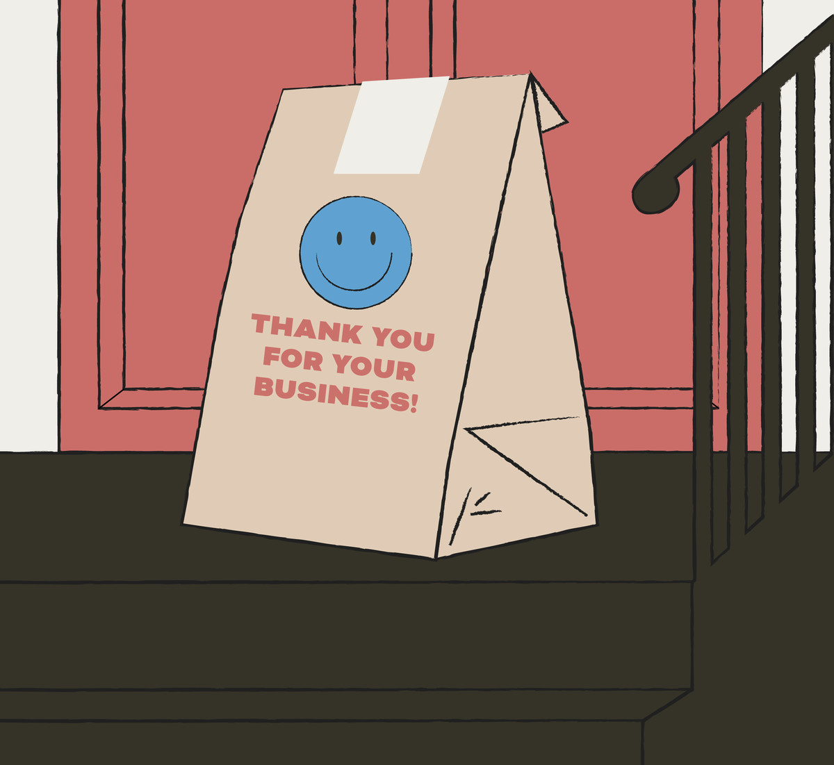 An illustration of a paper takeout bag with a blue smiley face on it; with text that reads “Thank you for your business!”
