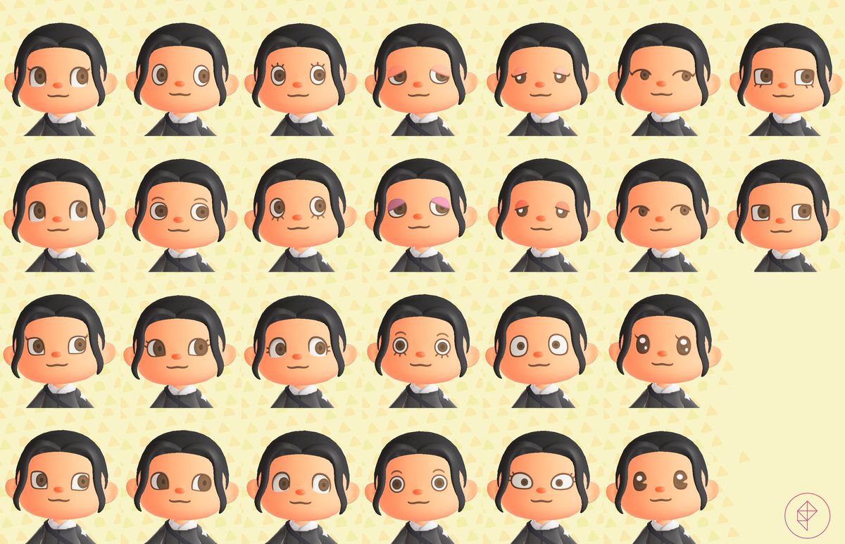 Dozens of face options in Animal Crossing, ranging from sleepy eyes or rounded eyes