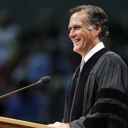 Former Massachusetts governor and Republican presidential candidate Mitt Romney  speaks during Utah Valley University commencement in Orem  Thursday, April 30, 2015. 