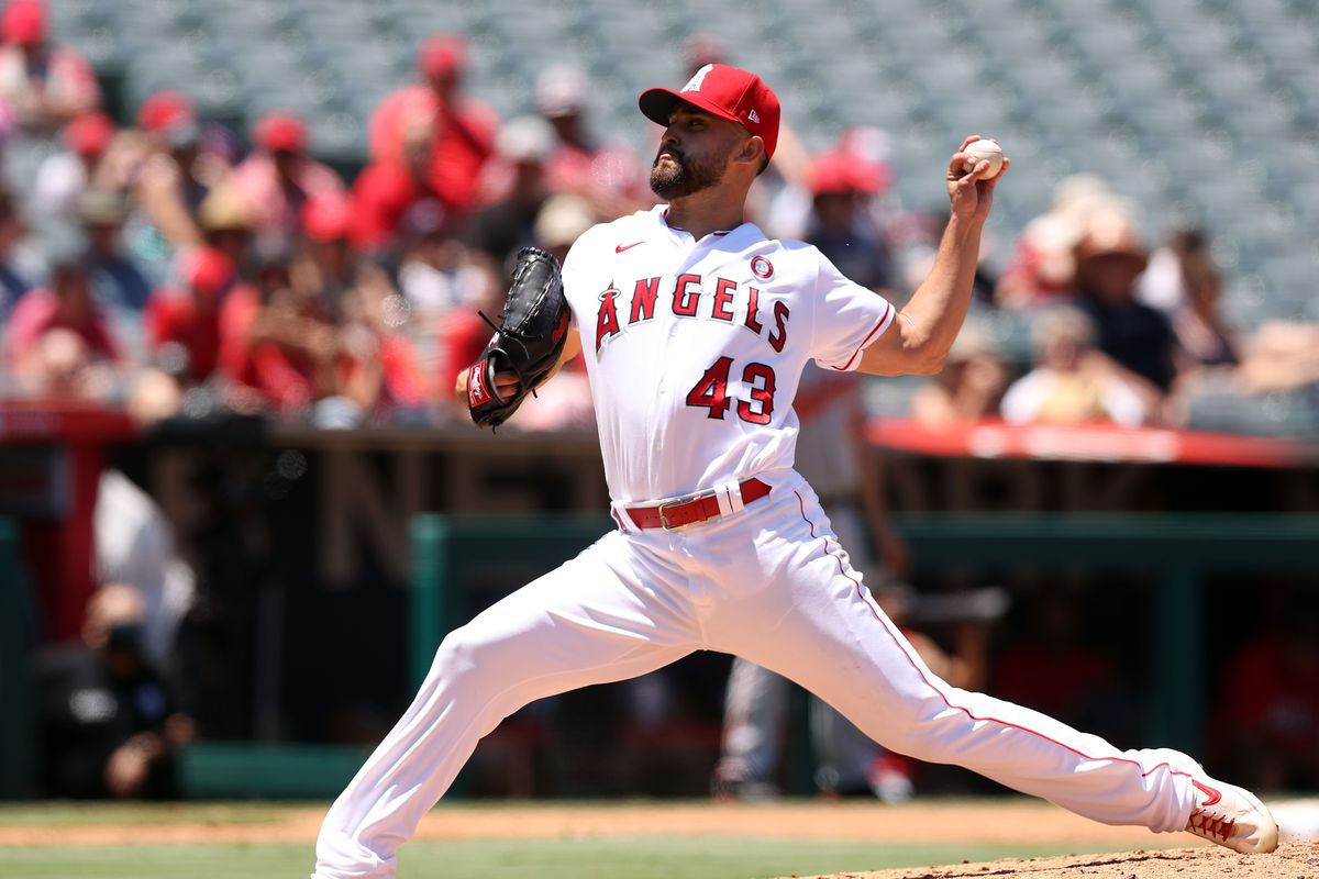 Patrick Sandoval #43 of the Los Angeles Angels throws against the Baltimore Orioles in the second inning at Angel Stadium of Anaheim on July 04, 2021 in Anaheim, California.