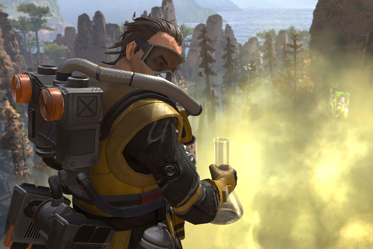 Apex Legends - Caustic standing above a cloud of his Nox gas