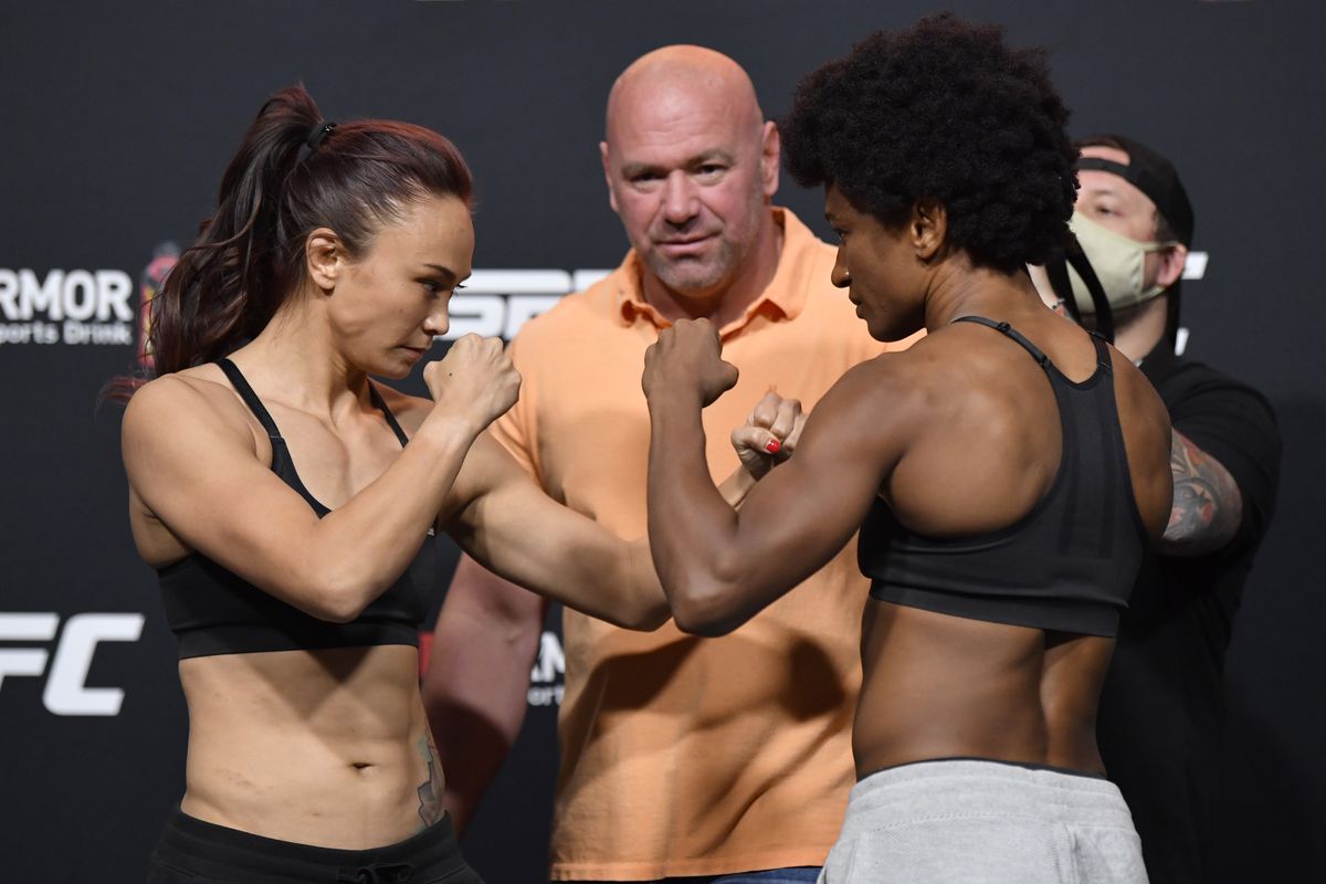 Opponents Michelle Waterson and Angela Hill face off during the UFC Fight Night weigh-in at UFC APEX on September 11, 2020 in Las Vegas, Nevada.
