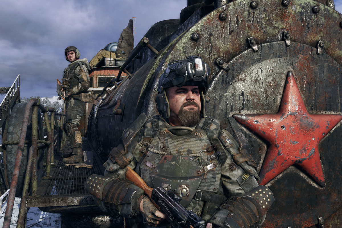 Metro Exodus - soldiers standing in front of a locomotive