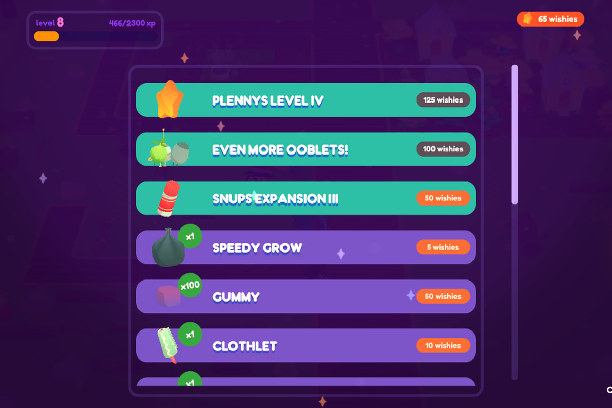 A list of possible upgrades in Ooblets on a purple menu screen