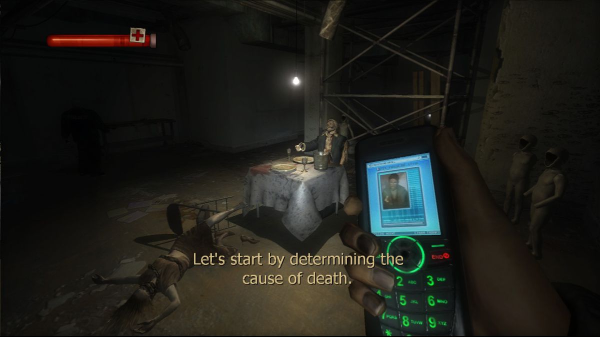 The player character uses an early 2000s-era cell phone to assist in the investigation of a crime scene at a construction site in Condemned: Criminal Origins