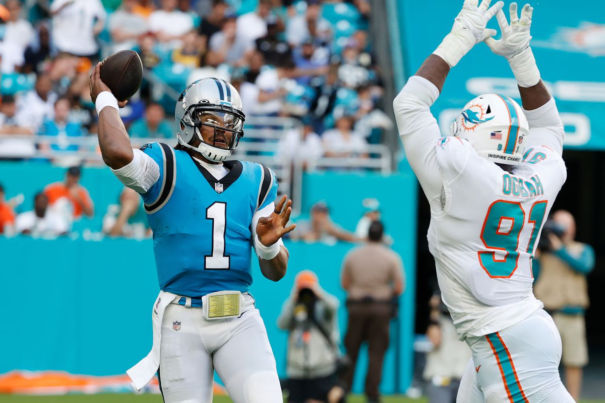 Cam Newton #1 of the Carolina Panthers during their game against the Miami Dolphins at Hard Rock Stadium on November 28, 2021 in Miami Gardens, Florida.