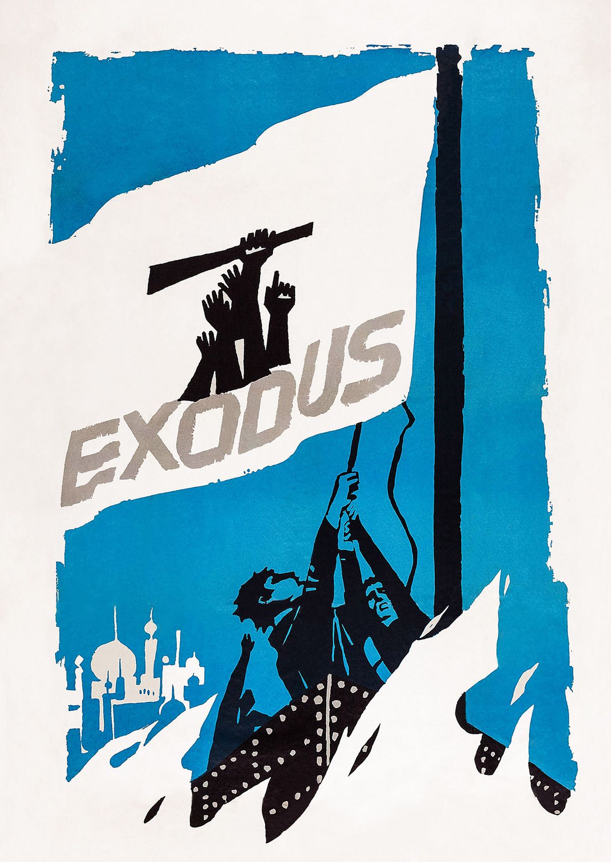 A papercut-style illustration of figures hoisting a flag with the film’s title on it, with flames in the foreground. 