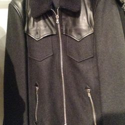 Leather panel wool coat, $295