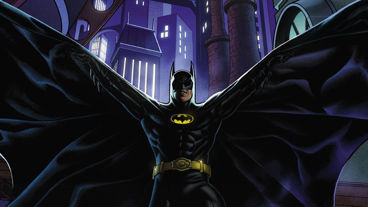 Michael Keaton’s Batman swooping down in Gotham in his new DC Comics series Batman ‘89 (2021).