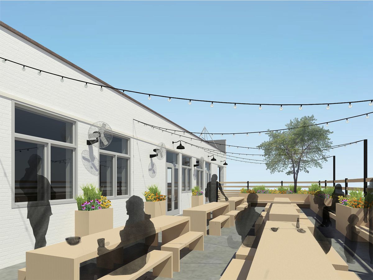 A rendering of an outdoor patio space with long tables and hanging string lights.