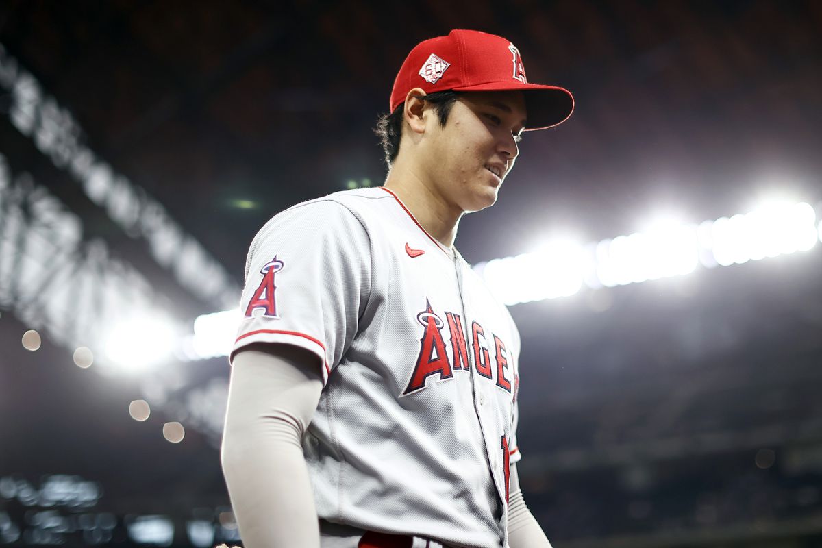 Shohei Ohtani #17 of the Los Angeles Angels takes the field for pregame warmups before the Angels take on the Texas Rangers at Globe Life Field on April 28, 2021 in Arlington, Texas.