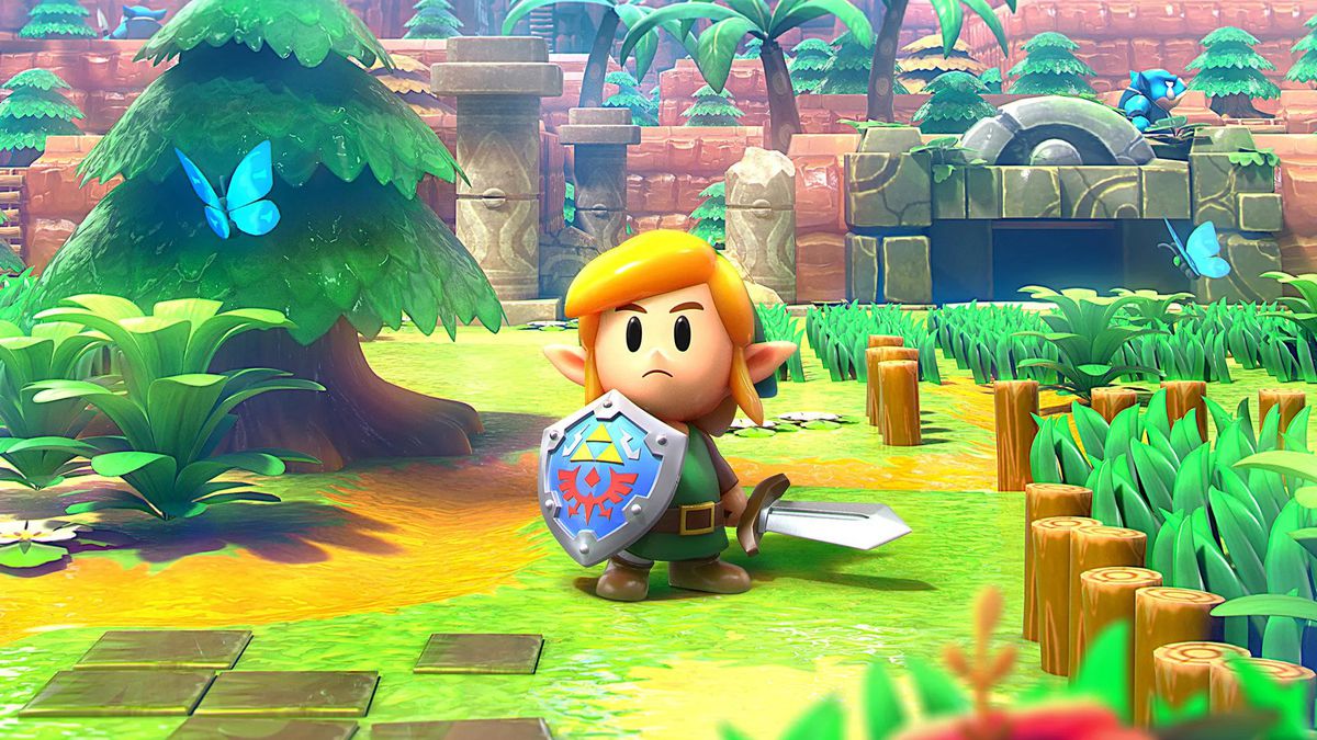 Link stands at the center of a wilderness landscape in The Legend of Zelda: Link’s Awakening remake