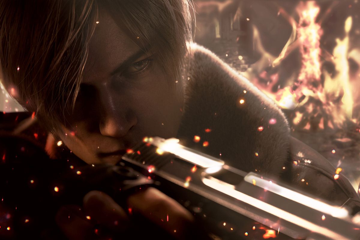 A closeup of Leon Kennedy, the blond haired heartthrob of Resident Evil 4 Remake. He’s holding a gun carefully up to his face. 