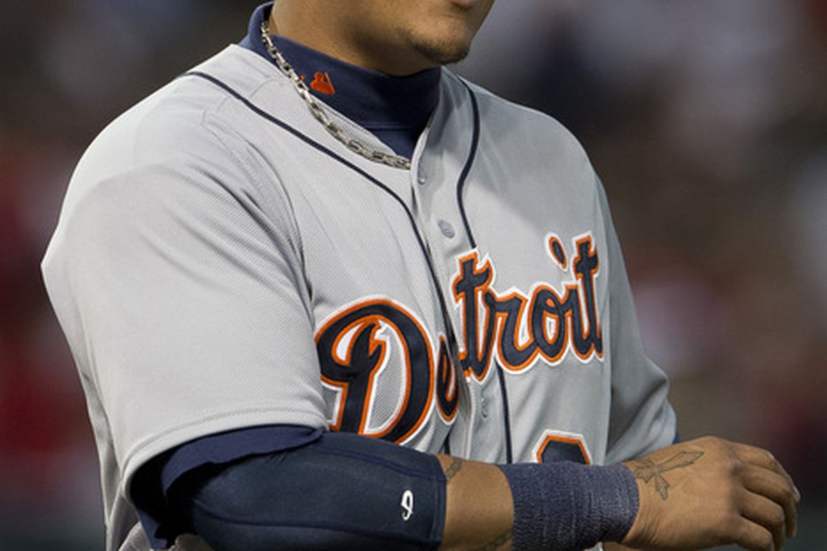 CLEVELAND, OH - MAY 23: Miguel Cabrera #24 of the Detroit Tigers argues a call at the end of the top of the seventh inning against the Cleveland Indians at Progressive Field on May 23, 2012 in Cleveland, Ohio. 