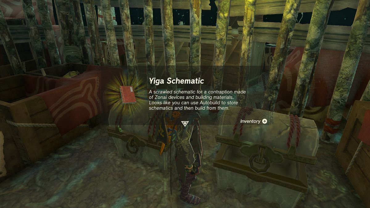 Link opens a chest containing the Yiga Schematic in the Depths in Zelda Tears of the Kingdom.