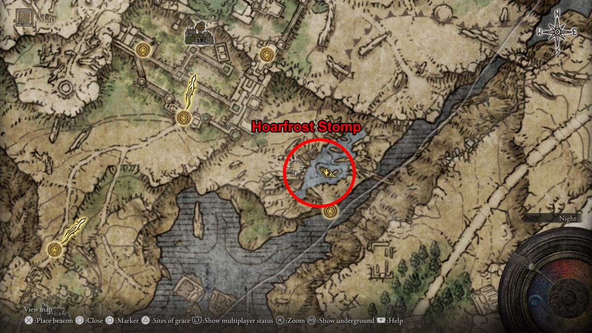 Elden Ring’s map, showing the location of the Hoarfrost Stomp Ash of War near Caria Manor in Liurnia of the Lakes.