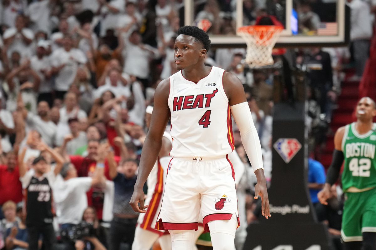 Victor Oladipo #4 of the Miami Heat looks on during Game 7 of the 2022 NBA Playoffs Eastern Conference Finals on May 29, 2022 at FTX Arena in Miami, Florida.&nbsp;