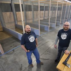 Rich and Clay Derricott, owners of True North, an ax-throwing establishment in Lehi, are pictured on Thursday, Nov. 30, 2017.