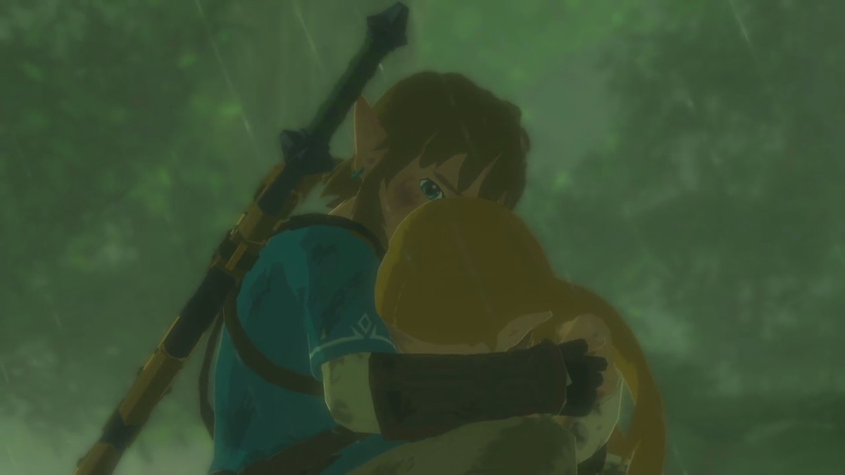 Link holds a distraught Zelda in his arms