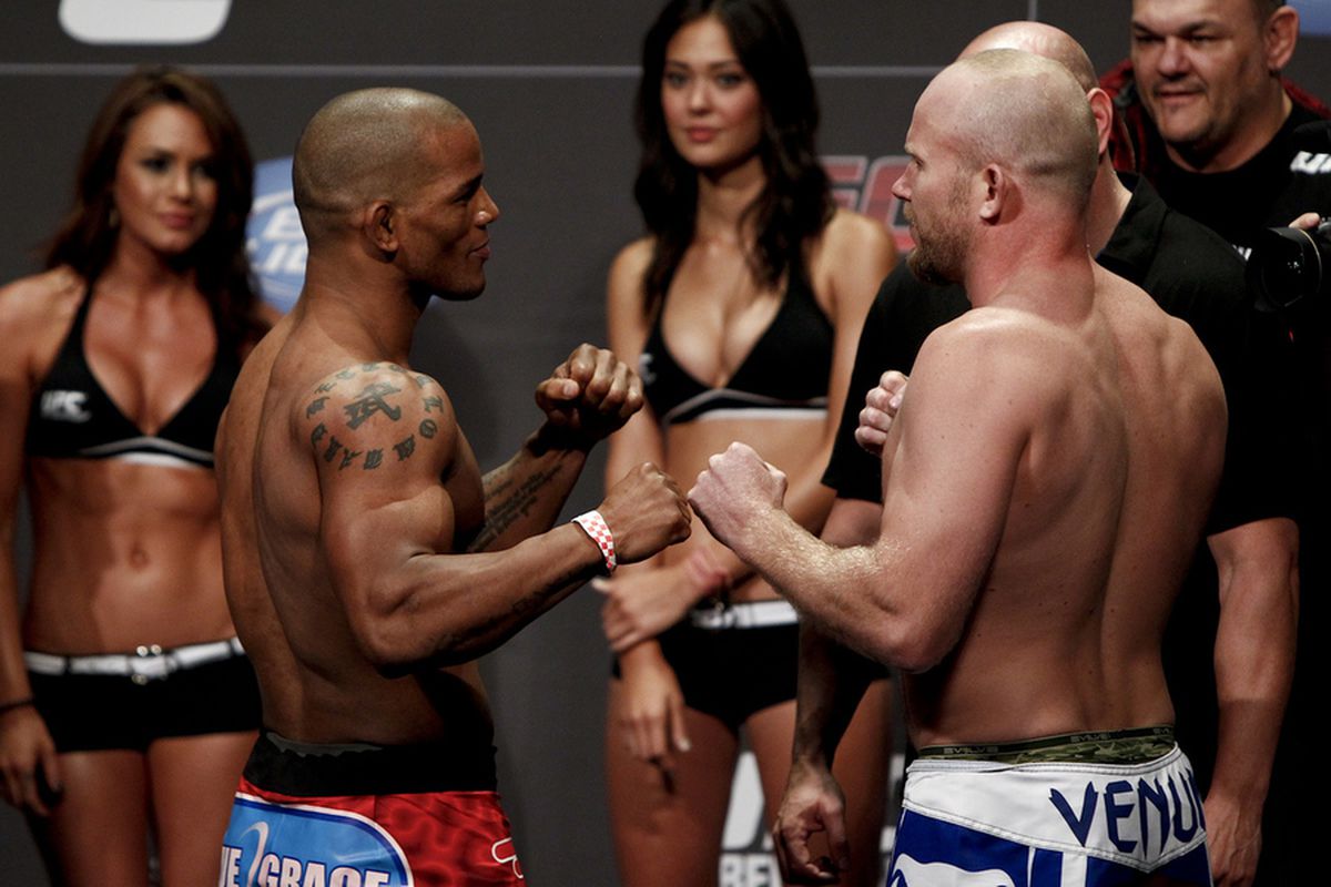 Hector Lombard and Tim Boetsch face off during the UFC 149 weigh-ins at the Scotiabank Saddledome in Calgary, Alberta, Canada on Friday, July, 20, 2012. Photo by Esther Lin via MMA Fighting. 