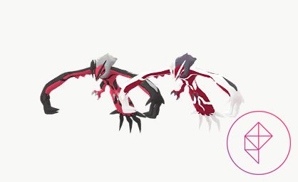 Shiny Yveltal with its regular form. Regular Yveltal is red with black accents, but Shiny Yveltal has a darker pink hue and white accents.