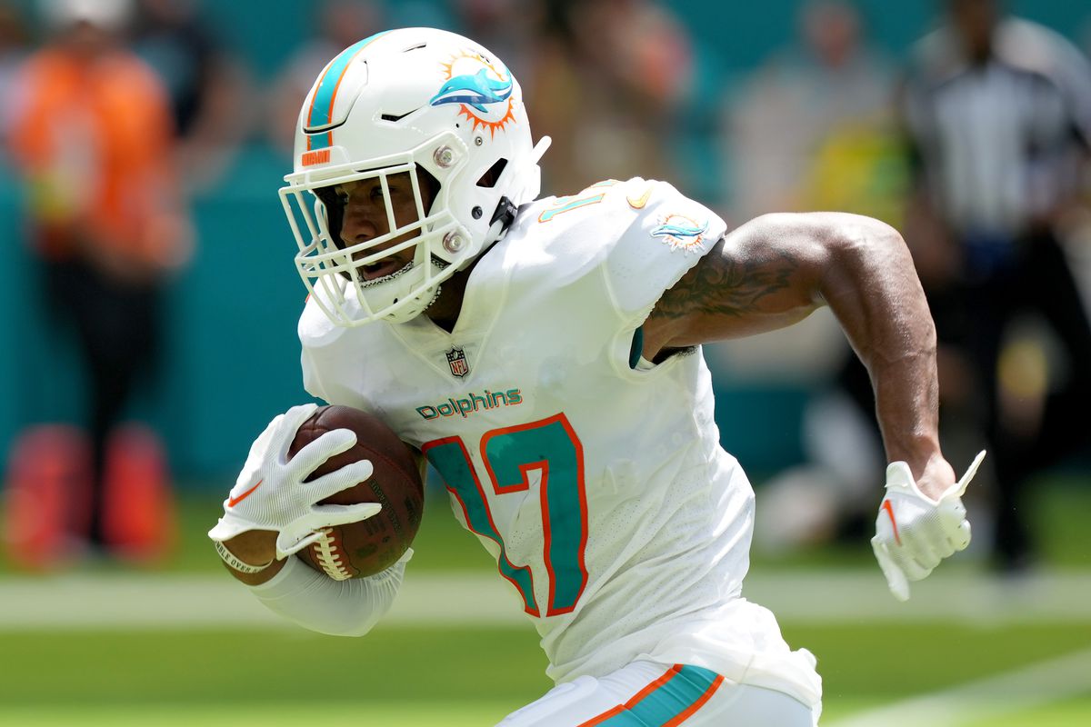 Wide Receiver Jaylen Waddle #17 of the Miami Dolphins finds the end zone for a touchdown in the second quarter of the game at Hard Rock Stadium on September 11, 2022 in Miami Gardens, Florida.