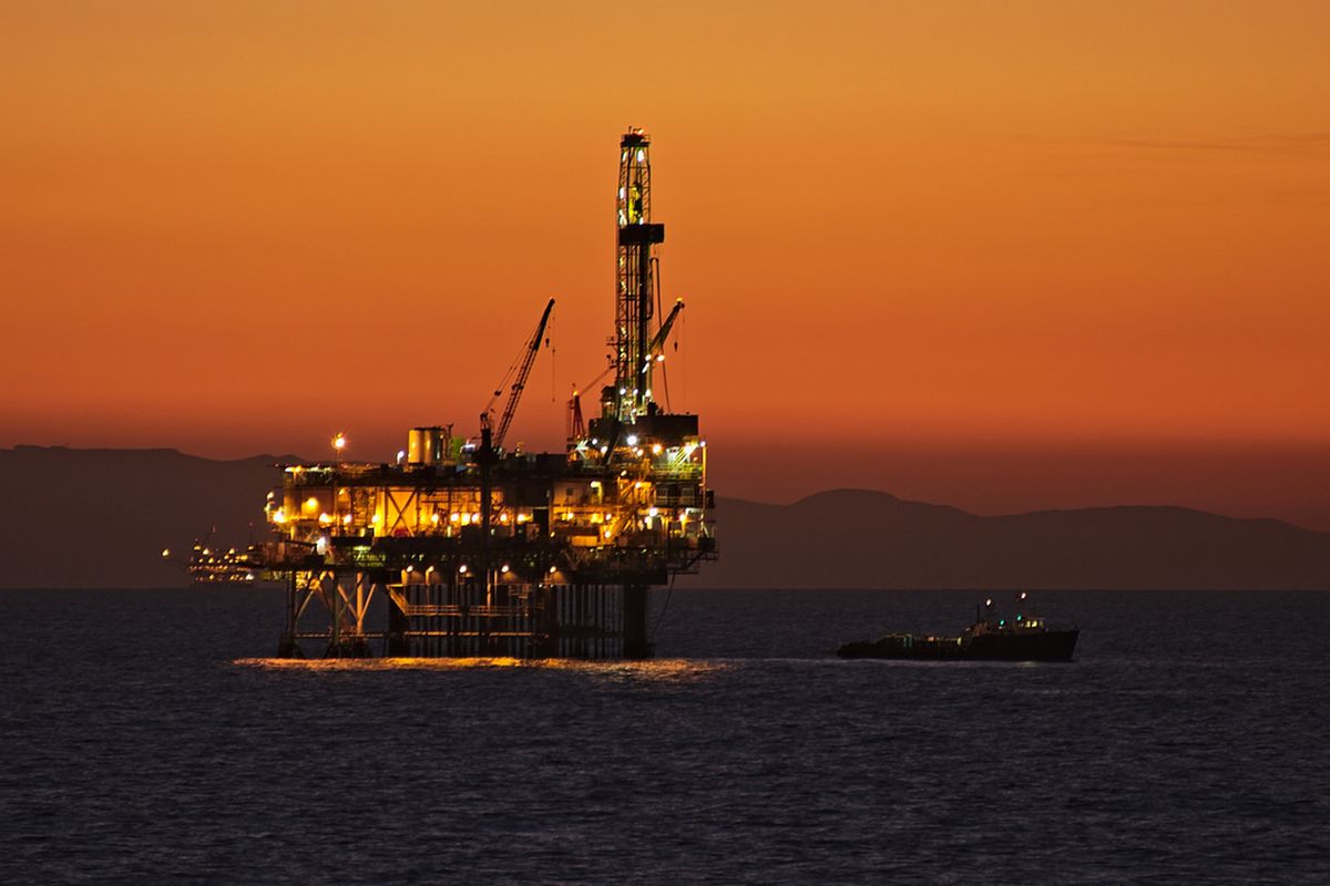 Oil drilling platform off the coast of Huntington Beach, CA