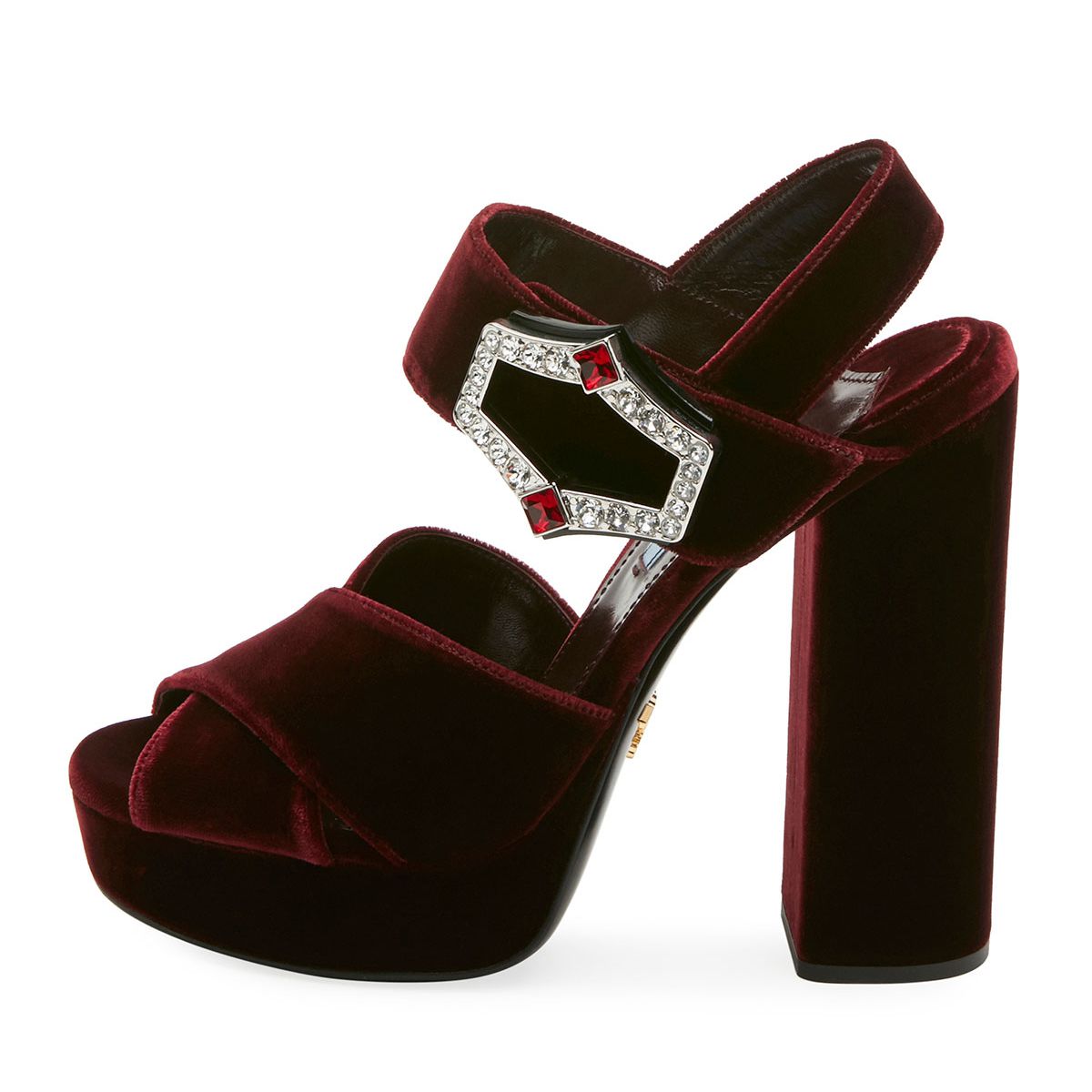 Prada Jeweled Velvet Block-Heel Sandal, $990