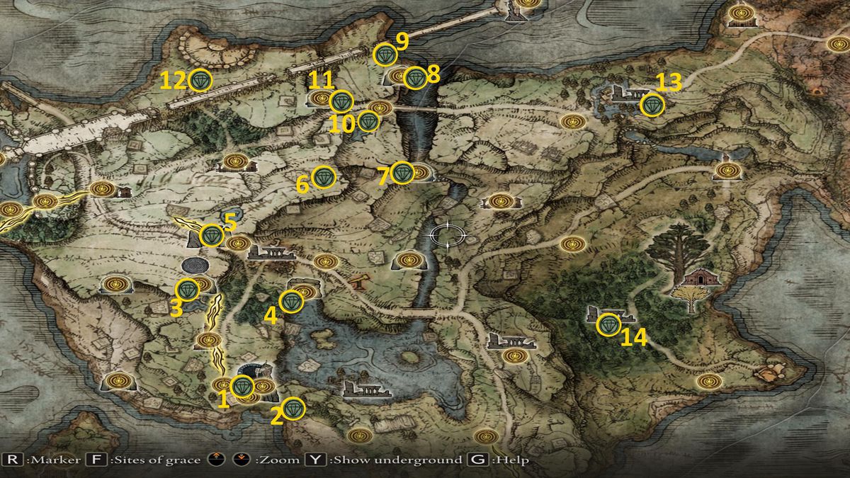 Elden Ring map showing the locations of Talismans in Limgrave