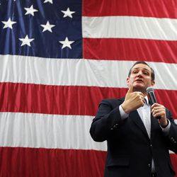 GOP presidential candidate and Sen. Ted Cruz, R-Texas, speaks on behalf of Sen. Mike Lee, R-Utah, at a rally in Draper at the American Preparatory Academy Saturday, March 19, 2016.