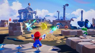 Mario skyter en laserblaster hos fiender i Mario + Rabbids Sparks of Hope