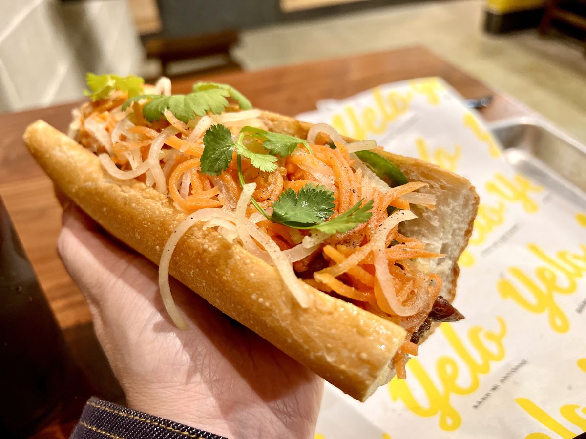A Yelo banh mi sandwich covered in onions and cilantro.