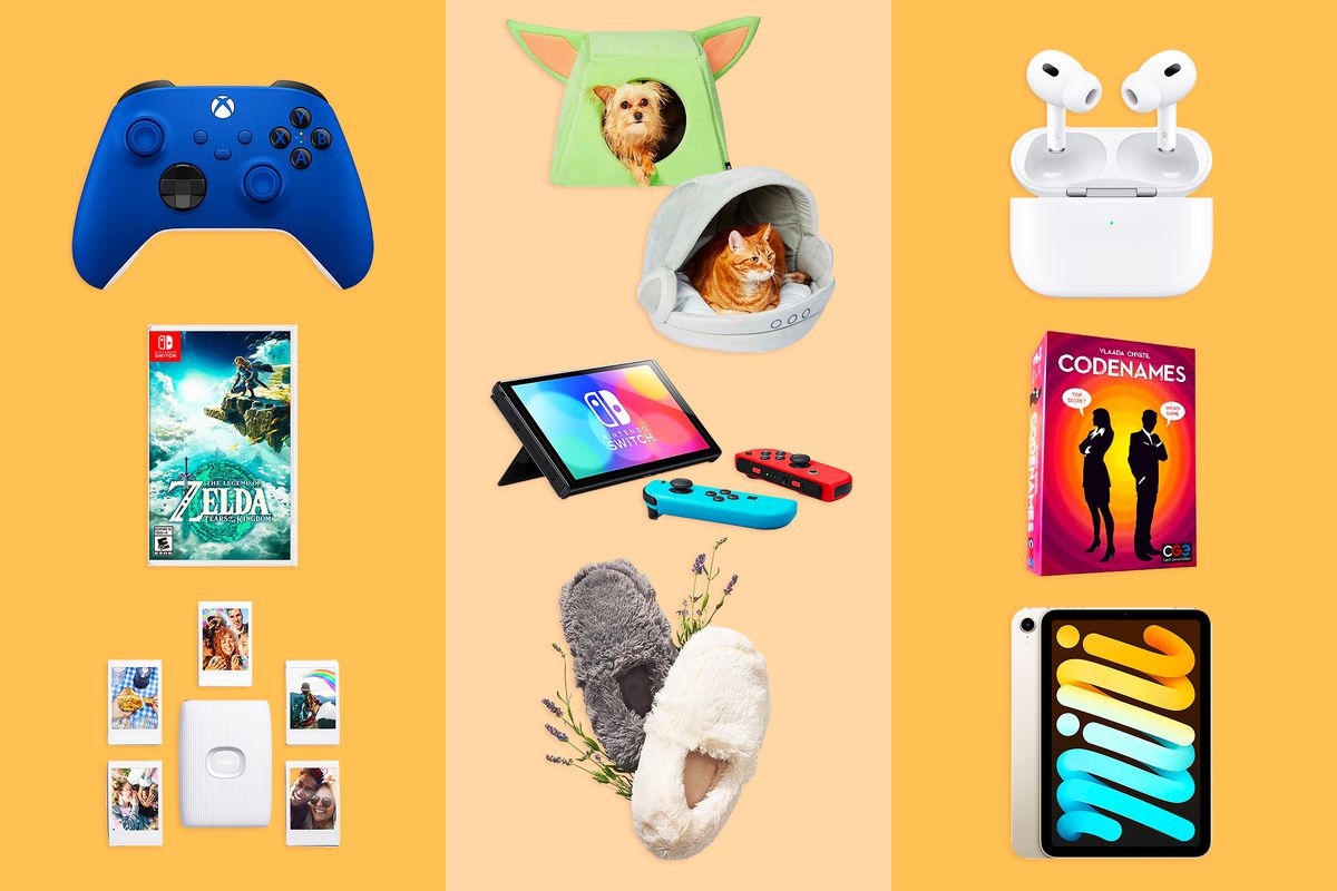 A graphic for Mother’s Day gift guide containing nine products, including a Nintendo Switch OLED model, The Legend of Zelda: Tears of the Kingdom, an Apple iPad Mini, AirPods Pro 2, a Microsoft Xbox wireless controller, Fujifilm’s Instax mini 2 photo printer, a Grogu and Grogu Pram set of cat and dog beds, and Warmies slippers with lavender scent.