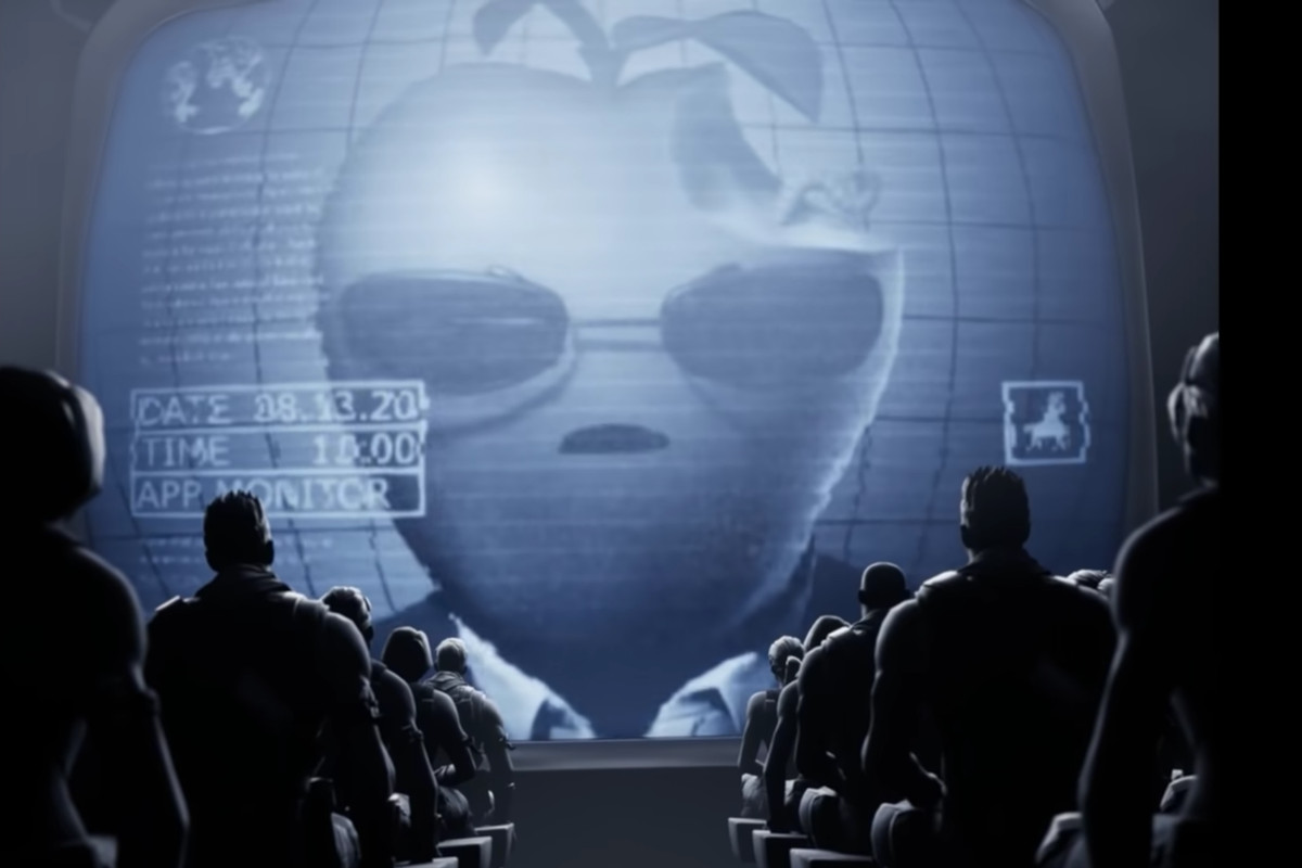 A large totalitarian Apple with sunglasses addresses an audience of mind-numbed Fortnite characters