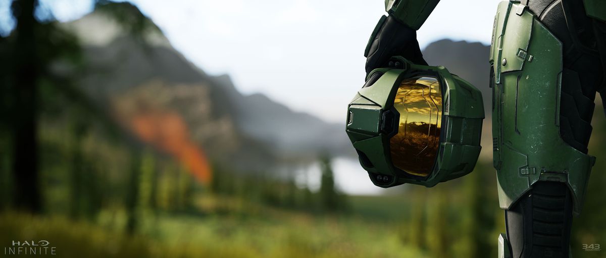 Halo Infinite - Master Chief holding his helmet at his side