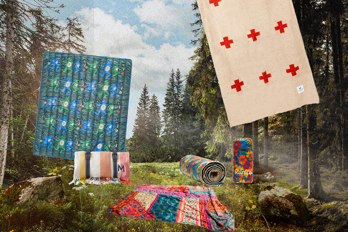 A selection of picnic blankets superimposed over a forest backdrop. Photo illustration.