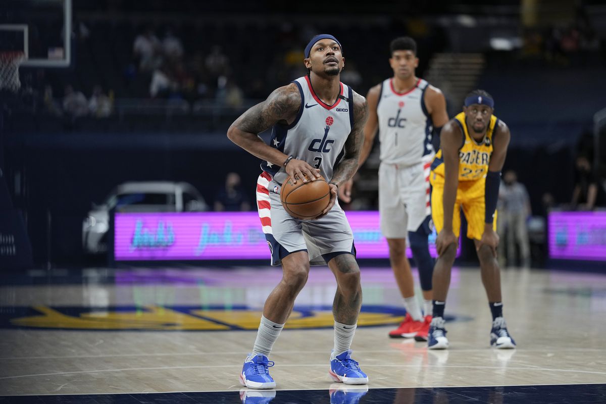 Bradley Beal of the Washington Wizards shoots a free throw during the game against the Indiana Pacers on May 8, 2021 at Bankers Life Fieldhouse in Indianapolis, Indiana.&nbsp;