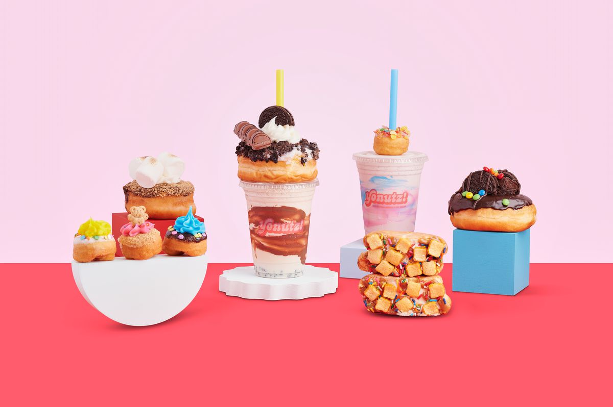 Yonutz donut-topped milkshakes, an ice-cream stuffed donut, regular and miniature-sized donuts covered in frosting and marshmallows.