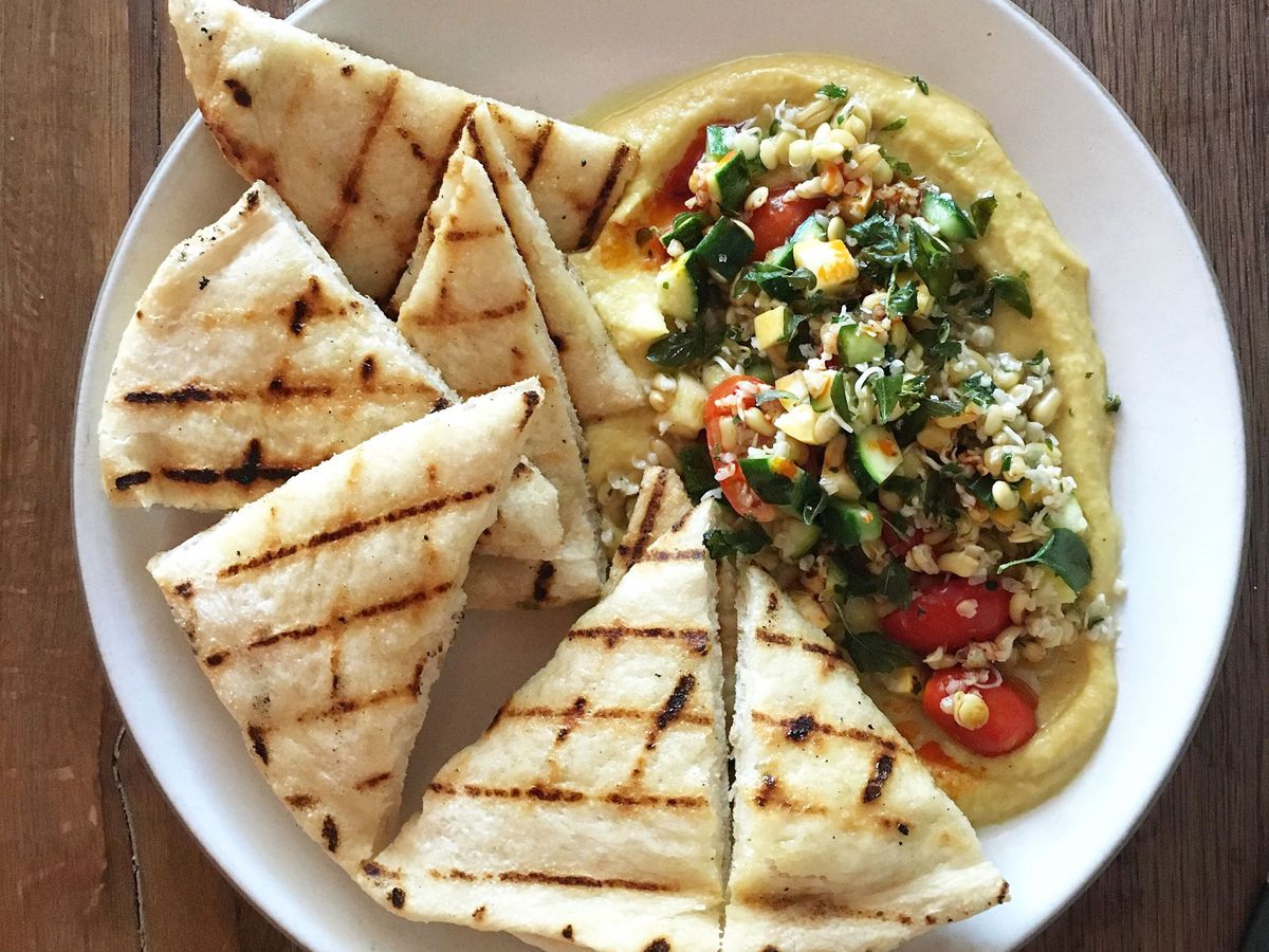 Grilled laffa and summer squash hummus from Cafe No Se