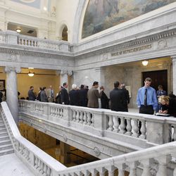A crowd gathers outside the House Chambers at the Capitol in Salt Lake City Tuesday, Feb. 17, 2015.