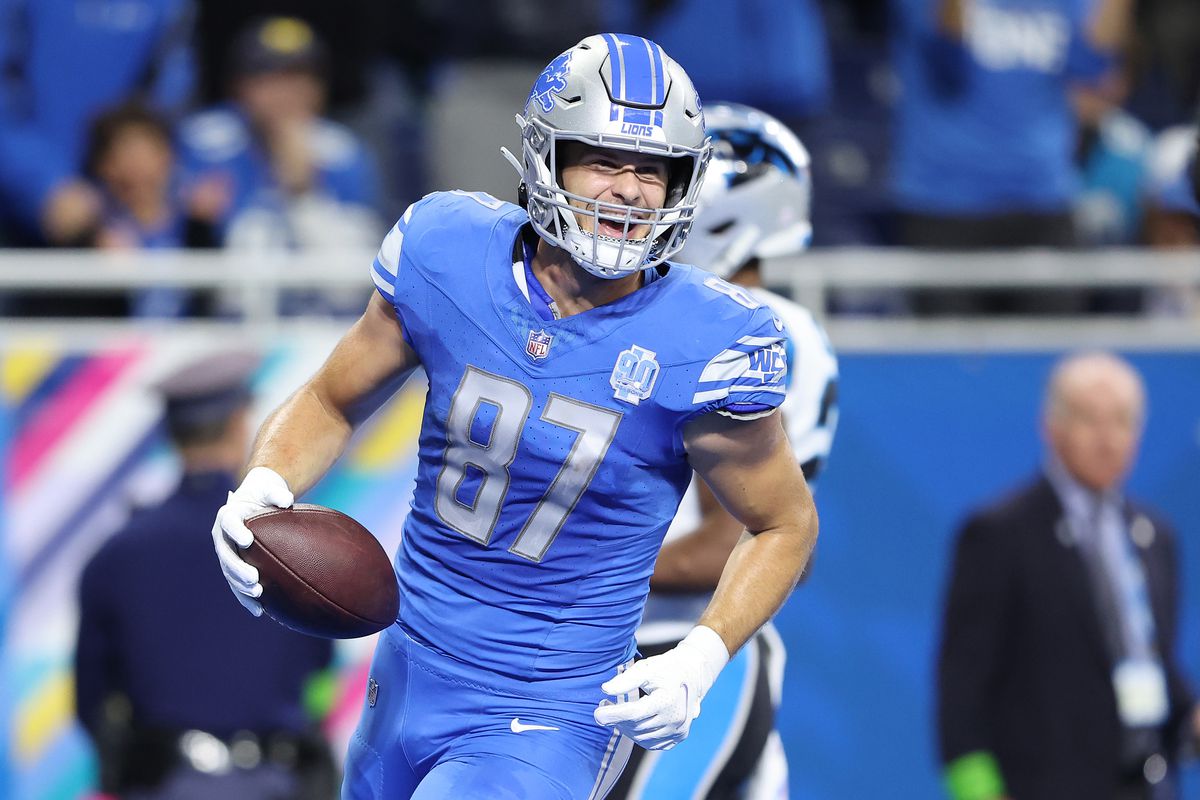 Sam LaPorta #87 of the Detroit Lions celebrates after scoring a touchdown in the second quarter against the Carolina Panthers at Ford Field on October 08, 2023 in Detroit, Michigan.