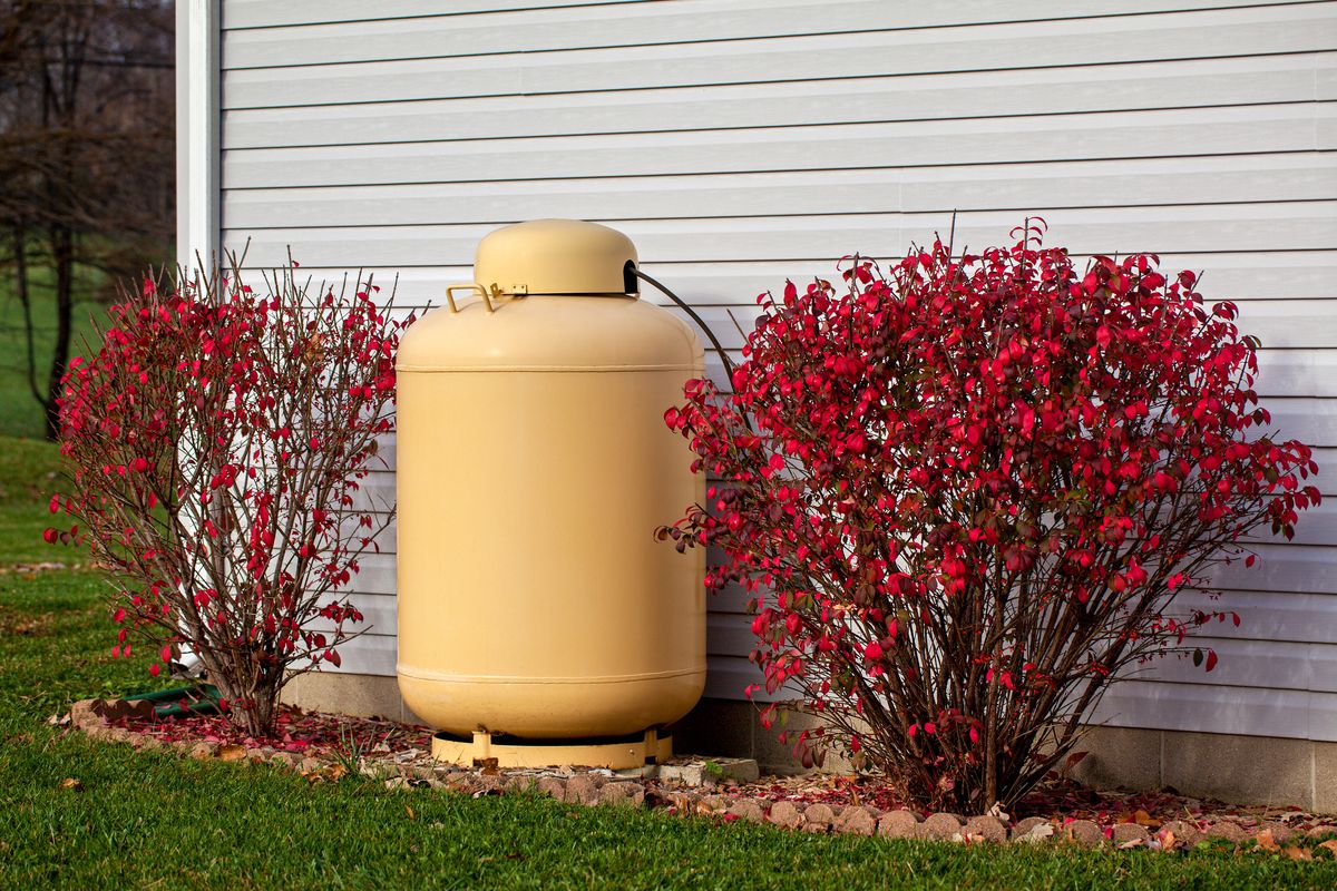 A vertical propane tank on the side of a house