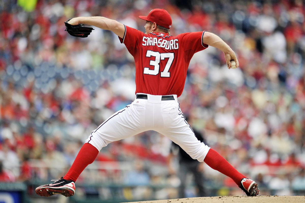September 2, 2012; Washington, D.C., USA; Washington Nationals starting pitcher Stephen Strasburg (37) pitches in the first inning against the St. Louis Cardinals at Nationals Park. Mandatory Credit: Joy R. Absalon-US PRESSWIRE