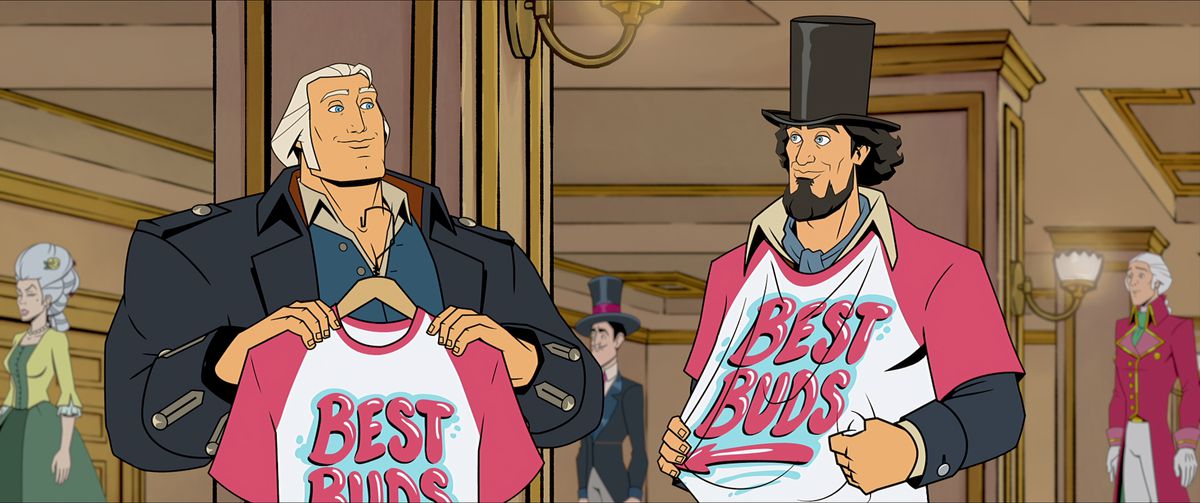 Washington and Lincoln don garish matching “best buds” T-shirts in America, The Motion Picture