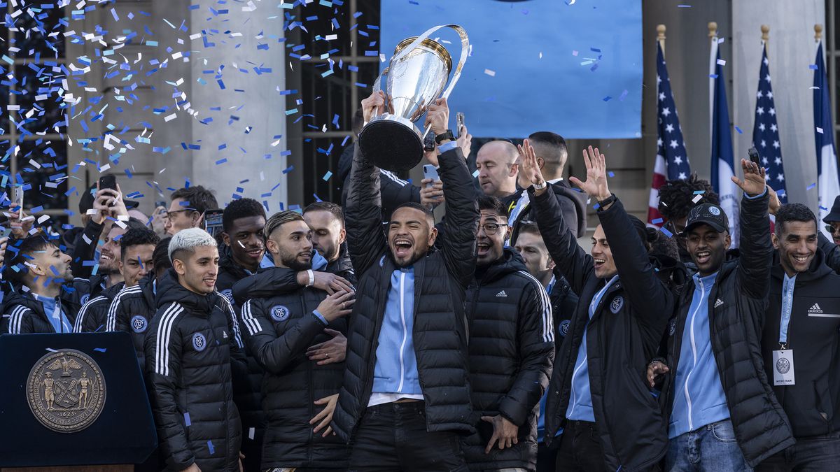 Celebration for NYCFC winning the 2021 MLS Cup on City Hall...