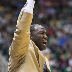 Utah's Head Coach Tyrone Corbin screams at a referee after a call as the Utah Jazz and the New Orleans Hornets play Friday, April 5, 2013 at EnergySolutions Arena in Salt Lake City. Utah won 95-83.
