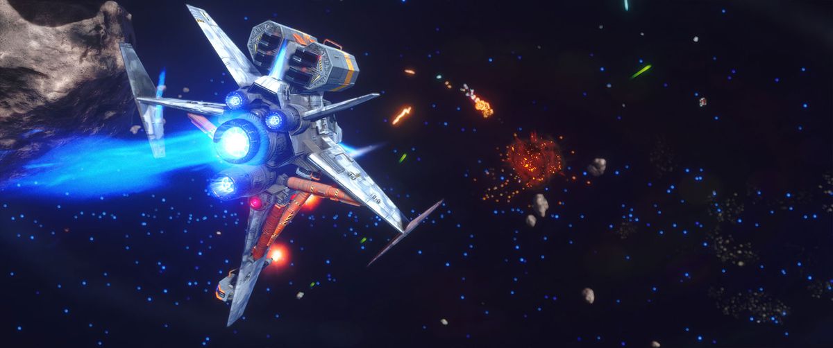 The player lines up a shot in a high-level ship, five wings each with multiple attitude thrusters. The target ship burns in the distance. The battle takes place in an asteroid field.