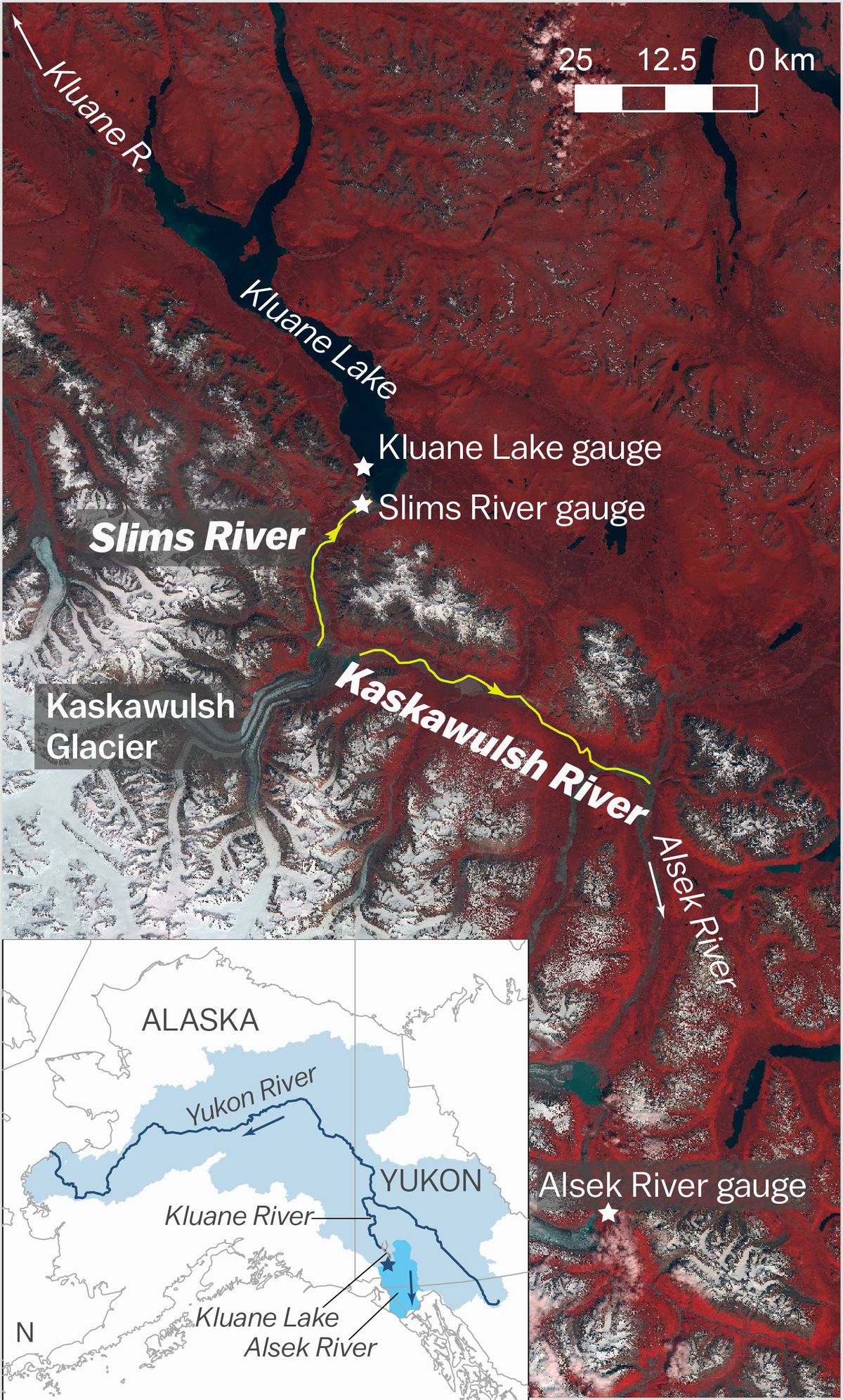 A satellite image of the Kaskawulsh glacier and Slims and Kaskawulsh rivers. The yellow lines represent the pre-2016 flow direction of the Slims and Kaskawulsh rivers.