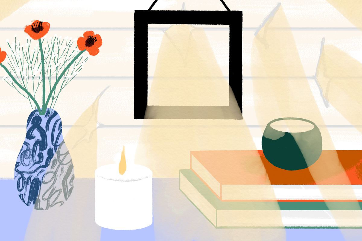 An illustration of a serene table, with a vase of flowers, a stack of books, and light filtering through a window. 